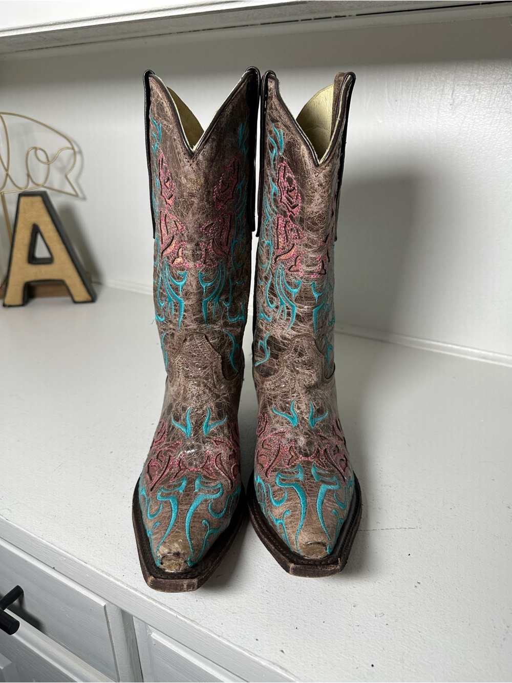 Redhawk Cowboy Boots Women's 7 Brown Turquoise Embroidered Western Boots - Picture 2 of 10